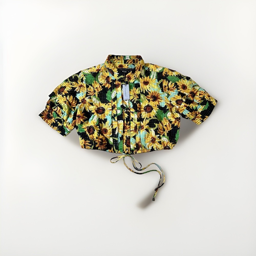 Anthropologie Maeve Sunflower Top LPetite Gingham Crop Cottagecore Boho NWT $120